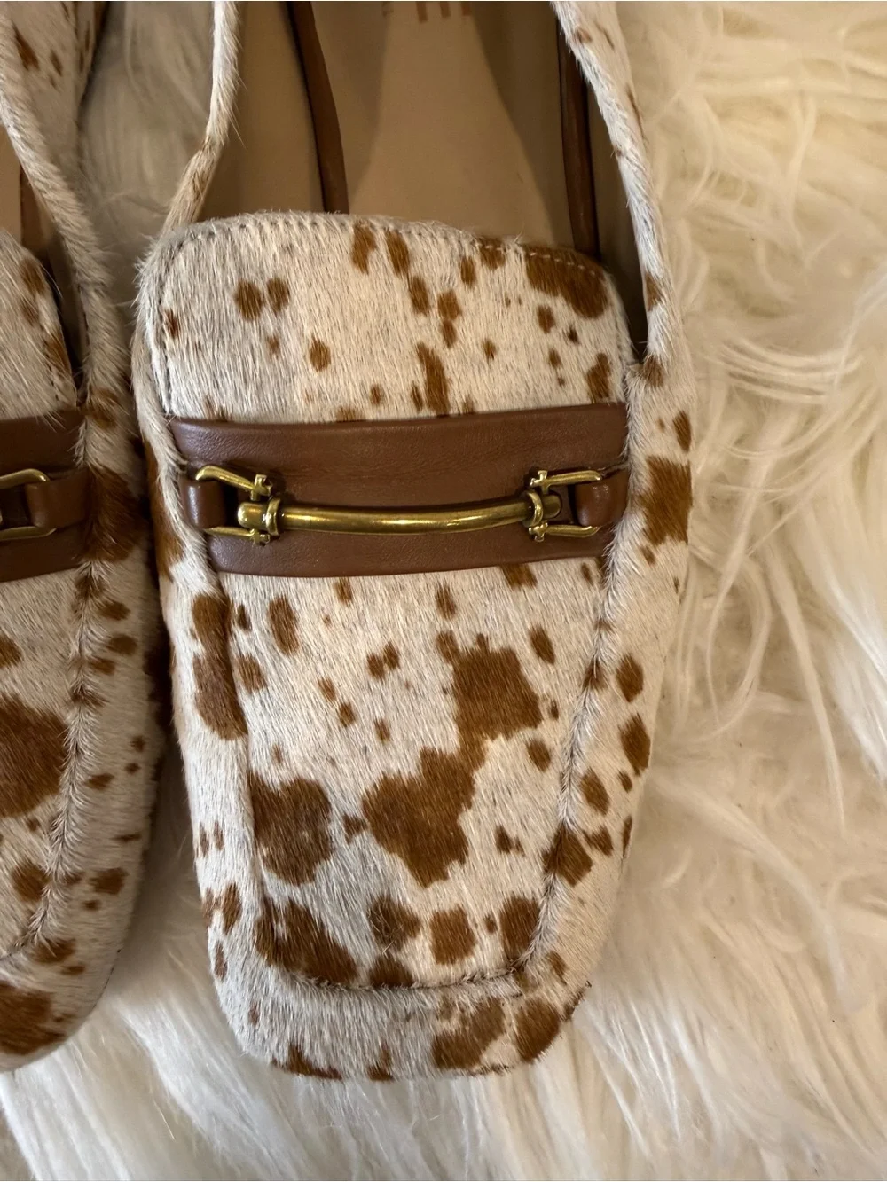 Able 7.5 Cow Print Brown White Calf Hair Leather Metal Snaffle Loafers